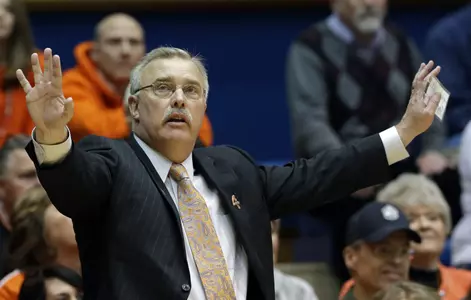 Oklahoma State coach Jim Littell reacts against DePaul during the second half of a first-round game in the women's NCAA college basketball tournament in Durham, N.C., Sunday, March 24, 2013. Oklahoma State won 73-56. (AP Photo/Gerry Broome)