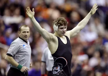 Oklahoma State's Alex Dieringer reacts after beating Boise State's Georgi Ivanov in their 157-pound quarterfinal round match at the NCAA Division I wrestling championships, Friday, March 22, 2013, in Des Moines, Iowa. (AP Photo/Charlie Neibergall)