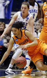 Duke's Haley Peters guards Oklahoma State's Brittney Martin. (AP Photo/Gerry Broome)