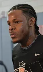 Daytawion Lowe talks with media after OSU's 2014 Pro Day.