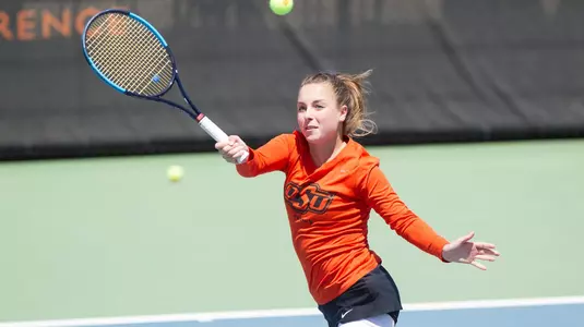 Image Taken at the Oklahoma State Cowgirls vs Texas Tech Red Raiders Tennis Match, Sunday, April 15, 2018, Greenwood Tennis Center, Stillwater, OK. Melissa Morales/OSU Athletics