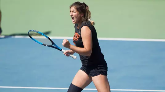 Image Taken at the Oklahoma State Cowgirls vs Wichita State Shockers Tennis Match, Friday, March 30, 2018, Greenwood Tennis Center, Stillwater, OK. Melissa Morales/OSU Athletics