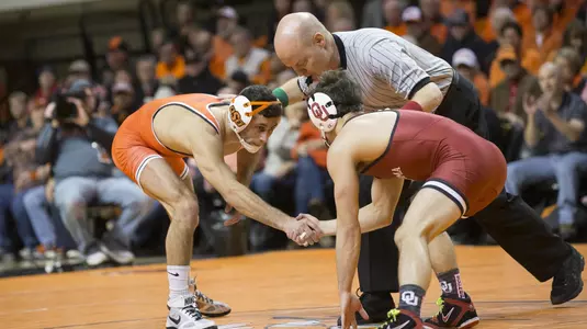 Image Taken at the Oklahoma State Cowboys vs Oklahoma Sooners Wrestling Dual, Sunday, February 11, 2018, Gallagher-Iba Arena, Stillwater, OK. Bruce Waterfield/OSU Athletics