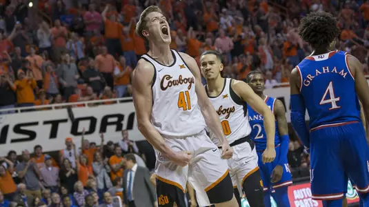 Image Taken at Oklahoma State Cowboys vs Kansas Jayhawks Basketball Game, Saturday, March 3, 2018, Gallagher-Iba Arena, Stillwater, OK. Bruce Waterfield/OSU Athletics