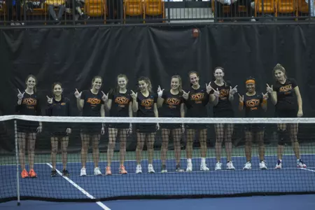 Image Taken at the Oklahoma State Cowgirls vs Florida Gators Tennis Match, Wednesday, February 7, 2018, Greenwood Tennis Center, Stillwater, OK. Bruce Waterfield/OSU Athletics