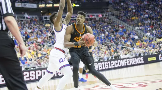 Image Taken at the 2018 Phillips 66 Big 12 Basketball Tournament, Oklahoma State Cowboys vs Kansas Jayhawks, Thursday, March 8, 2018, Sprint Center, Kansas City, MO. Bruce Waterfield/OSU Athletics