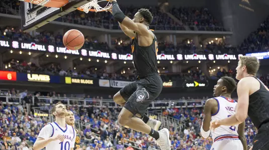 Image Taken at the 2018 Phillips 66 Big 12 Basketball Tournament, Oklahoma State Cowboys vs Kansas Jayhawks, Thursday, March 8, 2018, Sprint Center, Kansas City, MO. Bruce Waterfield/OSU Athletics