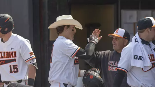 Image Taken at the Oklahoma State Cowboys vs Kansas Jayhawks Baseball Game, Friday, April 20, 2018, Allie P. Reynolds Stadium Stadium, Stillwater, OK. Bruce Waterfield/OSU Athletics