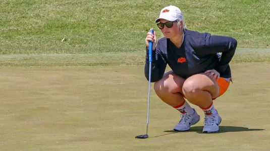 Oklahoma State FR Stephanie Astrup competing in Round 2 of  the 2018 Big 12 Women's Golf Championship at the Dallas Athletic Club on Friday, April 20, 2018