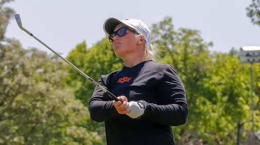 Oklahoma State FR Stephanie Astrup competing in Round 2 of  the 2018 Big 12 Women's Golf Championship at the Dallas Athletic Club on Friday, April 20, 2018