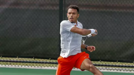 Oklahoma State SR Tristan Meraut competing in a Quarterfinal Match of  the 2018 Big 12 Men's Tennis Championship at the Texas Tennis Center in Austin, TX  on Friday, April 27, 2018