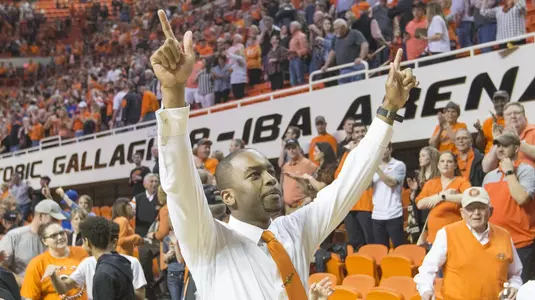 Image Taken at Oklahoma State Cowboys vs Kansas Jayhawks Basketball Game, Saturday, March 3, 2018, Gallagher-Iba Arena, Stillwater, OK. Bruce Waterfield/OSU Athletics