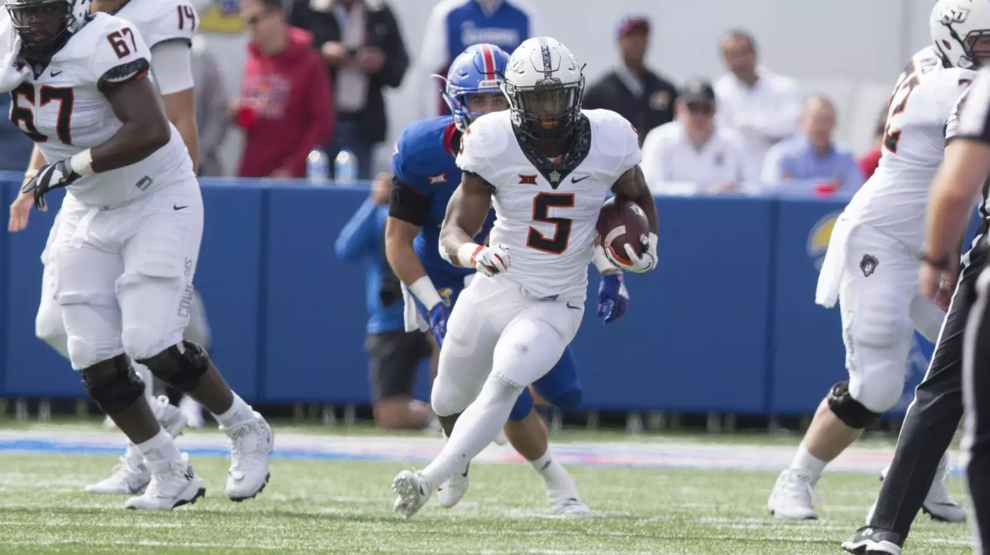 Image Taken at the Kansas Jayhawks vs Oklahoma State Cowboys Football Game, Saturday, September 29, 2018, Memorial Stadium, Lawrence, KS. Bruce Waterfield/OSU Athletics