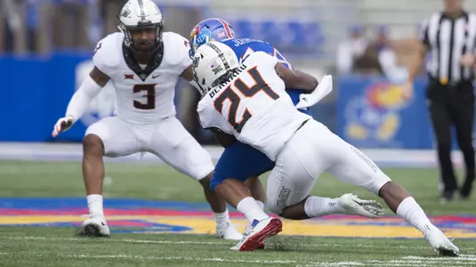 Image Taken at the Kansas Jayhawks vs Oklahoma State Cowboys Football Game, Saturday, September 29, 2018, Memorial Stadium, Lawrence, KS.  Bruce Waterfield/OSU Athletics
