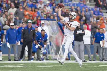 Image Taken at the Kansas Jayhawks vs Oklahoma State Cowboys Football Game, Saturday, September 29, 2018, Memorial Stadium, Lawrence, KS.  Bruce Waterfield/OSU Athletics