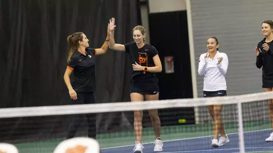 Image Taken at the Oklahoma State Cowgirls vs Fighting Illini Tennis Match, Friday, January 19, 2019, Greenwood Tennis Center, Stillwater, OK. Melissa Morales/OSU Athletics
