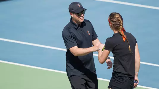 Image Taken at the Oklahoma State Cowgirls vs Wichita State Shockers Tennis Match, Friday, March 30, 2018, Greenwood Tennis Center, Stillwater, OK. Melissa Morales/OSU Athletics