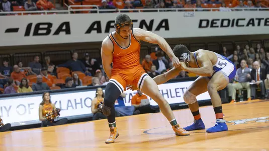 Image Taken at the Oklahoma State Cowboys vs Air Force Falcons Wrestling Dual, Friday, February 8, 2019, Gallagher-Iba Arena, Stillwater, OK. Bruce Waterfield/OSU Athletics