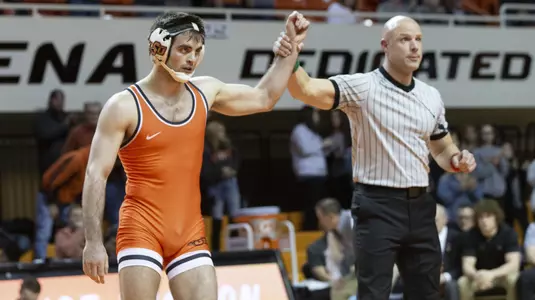 Image Taken at the Oklahoma State Cowboys vs Air Force Falcons Wrestling Dual, Friday, February 8, 2019, Gallagher-Iba Arena, Stillwater, OK. Bruce Waterfield/OSU Athletics