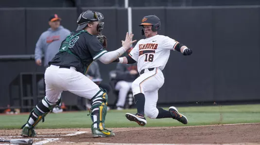 Image Taken at the Oklahoma State Cowboys vs Wright State University Raiders Baseball Game, Friday, February 22, 2019, Allie P. Reynolds Stadium, Stillwater, OK. Bruce Waterfield/OSU Athletics