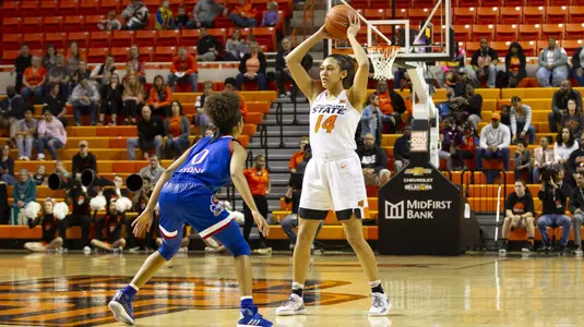 Image taken at the Oklahoma State Cowgirls vs Kansas Jayhawks basketball game, Saturday February 23, 2019, Gallagher Iba Arena, Stillwater, Oklahoma. Caulen Spencer/OSU Athletics