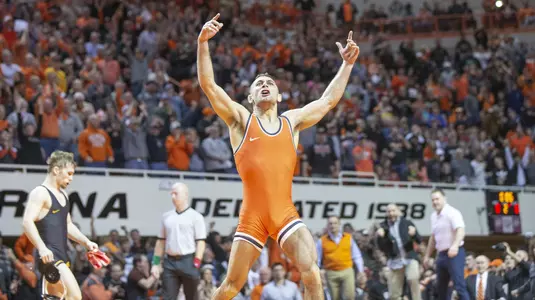 Image Taken at the Oklahoma State Cowboys vs Iowa Hawkeyes Wrestling Dual, Sunday, February 24, 2019, Gallagher-Iba Arena, Stillwater, OK. Bruce Waterfield/OSU Athletics