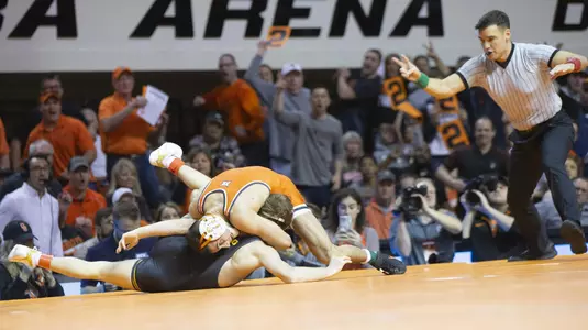Image Taken at the Oklahoma State Cowboys vs Iowa Hawkeyes Wrestling Dual, Sunday, February 24, 2019, Gallagher-Iba Arena, Stillwater, OK. Bruce Waterfield/OSU Athletics