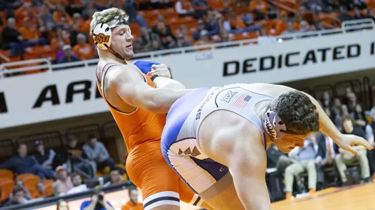 Image Taken at the Oklahoma State Cowboys vs Air Force Falcons Wrestling Dual, Friday, February 8, 2019, Gallagher-Iba Arena, Stillwater, OK. Bruce Waterfield/OSU Athletics