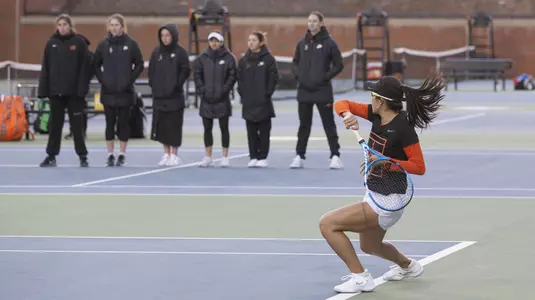 Image Taken at the Oklahoma State Cowgirls vs Kansas Jayhawks Tennis Match, Friday, March 15, 2019, Greenwood Tennis Center, Stillwater, OK. Bruce Waterfield/OSU Athletics
