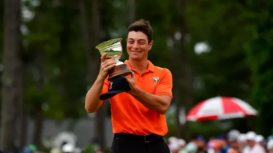 Masters amateur champion Amateur Viktor Hovland of Norway celebrates his low score during the Masters at Augusta National Golf Club, Sunday, April 14, 2019.