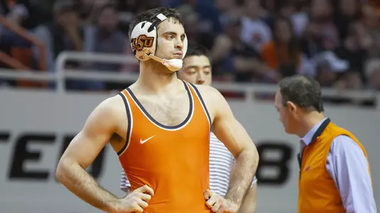Image Taken at the Oklahoma State Cowboys vs Iowa Hawkeyes Wrestling Dual, Sunday, February 24, 2019, Gallagher-Iba Arena, Stillwater, OK. Bruce Waterfield/OSU Athletics