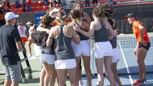 Image Taken at the 2019 Women's NCAA Tennis Championship, Oklahoma State Cowgirls vs University of Miami Hurricanes Tennis Match, Saturday, May 4, 2019, Greenwood Tennis Center, Stillwater, OK. Bruce Waterfield/OSU Athletics