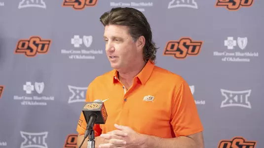 Image of Oklahoma State Cowboy Football Head Coach Mike Gundy Taken Friday, August 23, 2019, Boone Pickens Stadium, Stillwater, OK. Bruce Waterfield/OSU Athletics