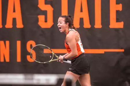 Image Taken at the Oklahoma State Cowgirls vs Southern California Trojans Tennis Match, Saturday, February 19, 2022, Greenwood Tennis Center, Stillwater, OK. Bruce Waterfield/OSU Athletics