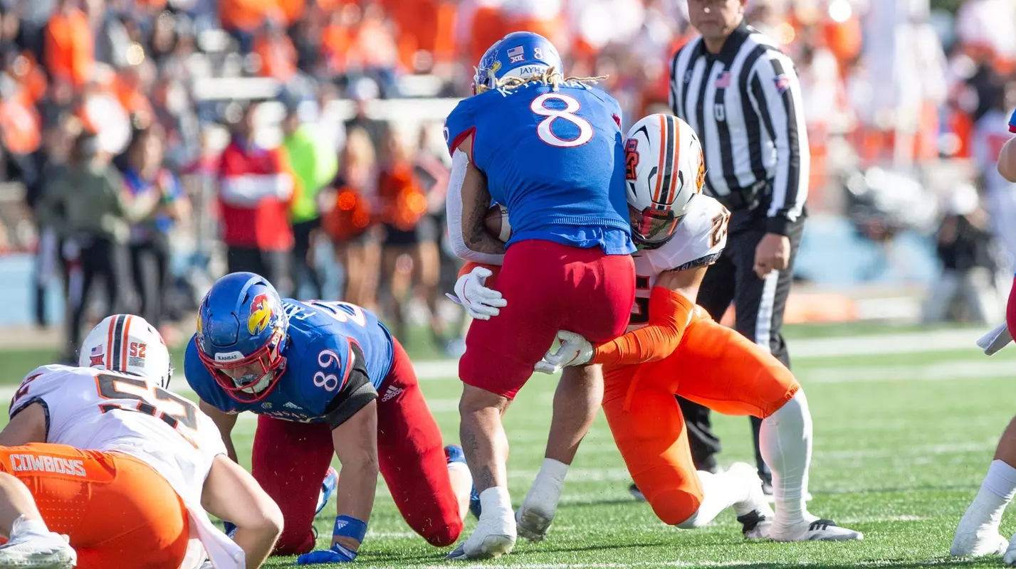 Image of Oklahoma State Cowboy Football vs Kansas Taken Saturday, November 5, 2022, David Booth Kansas Memorial Stadium, Lawrence, KS. Jerod Hill/OSU Athletics