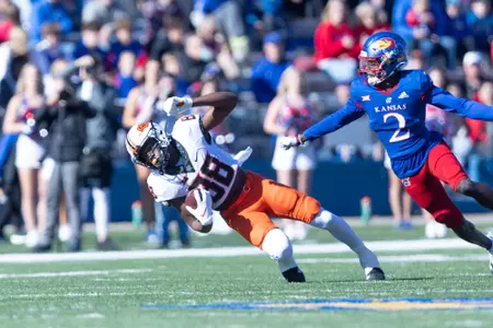 Image Taken at the Kansas Jayhawks vs Oklahoma State Cowboys Football Game, Saturday, November 5, 2022, David Booth Memorial Stadium, Lawrence, KS. Bruce Waterfield/OSU Athletics
