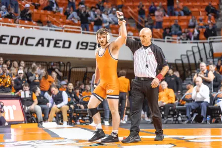 Imgae Taken at the Oklahoma State Cowboys vs Wyoming Cowboys Wrestling Dual, Friday, November 18, 2022, Gallagher-Iba Arena, Stillwater, OK. Bruce Waterfield/OSU Athletics