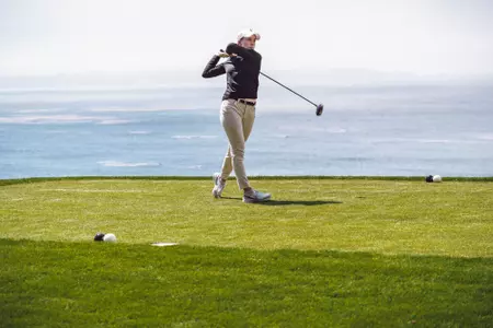 Cecilie Leth-Nissen hits ball at Pebble Beach