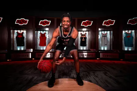 Image Taken of Oklahoma State Cowboy Basketball Signee, Jarius Hicklen, North Florida Transfer, Thursday, May 11, 2023, Gallagher-Iba Arena, Stillwater, OK. Mary Elizabeth Cordia/OSU Athletics
