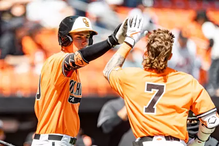 Image Taken at the Oklahoma State Cowboys vs West Virginia Mountaineers Baseball Game, Sunday, April 16, 2023, O'Brate Stadium, Stillwater, OK. Bruce Waterfield/OSU Athletics