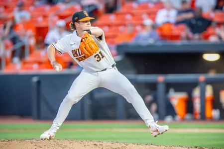 Image Taken at the Oklahoma State Cowboys vs Cincinnati Bearcats Baseball Game, Friday, April 12, 2024, O'Brate Stadium, Stillwater, OK. Bruce Waterfield/OSU Athletics