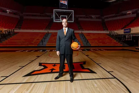 Image of Oklahoma State Cowboy Basketball Head Coach Steve Lutz Taken, Wednesday, April 3, 2024, Orange Power Studios, Stillwater, OK. Bruce Waterfield/OSU Athletics