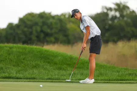 Ethan Fang watches his putt on the first hole during the quarterfinals of the 2024 U.S. Amateur at Hazeltine National Golf Club in Chaska, Minn. on Friday, Aug. 16, 2024. (Chris Keane/USGA)