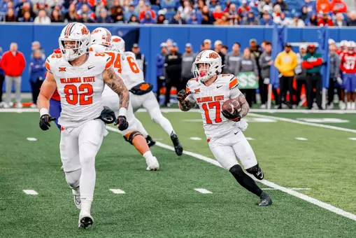 Image of Oklahoma State Cowboy Football vs Kansas Taken Saturday, November 1, 2025, David Booth Kansas Memorial Stadium, Lawrence, KS. Cole_Gueldenzoph/OSU Athletics