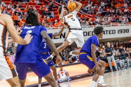 Image Taken at the Oklahoma State Cowboys vs Prairie View A&M Panthers Basketball Game, Wednesday, November 12, 2025, Galagher-Iba Arena, Stillwater, OK. Bruce Waterfield/OSU Athletics