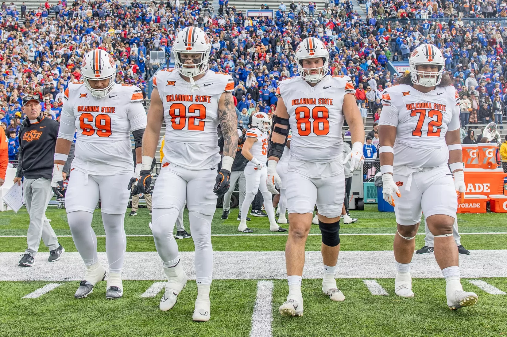 Image Taken at the Kansas Jayhawks vs Oklahoma State Cowboys Football Game, Saturday, November 1, 2025, David Booth Kansas Memorial Stadium, Lawrence, KS. Bruce Waterfield/OSU Athletics
