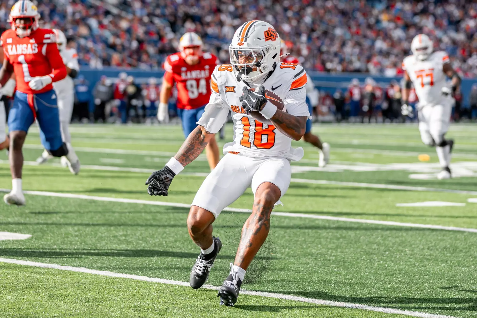 Image Taken at the Kansas Jayhawks vs Oklahoma State Cowboys Football Game, Saturday, November 1, 2025, David Booth Kansas Memorial Stadium, Lawrence, KS. Bruce Waterfield/OSU Athletics