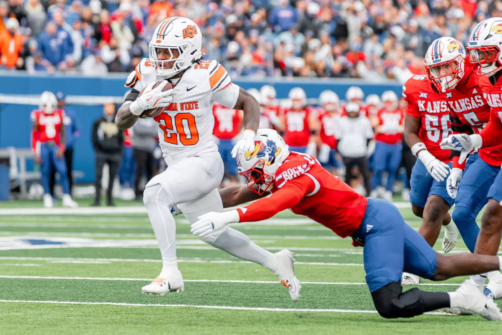 Image Taken at the Kansas Jayhawks vs Oklahoma State Cowboys Football Game, Saturday, November 1, 2025, David Booth Kansas Memorial Stadium, Lawrence, KS. Bruce Waterfield/OSU Athletics