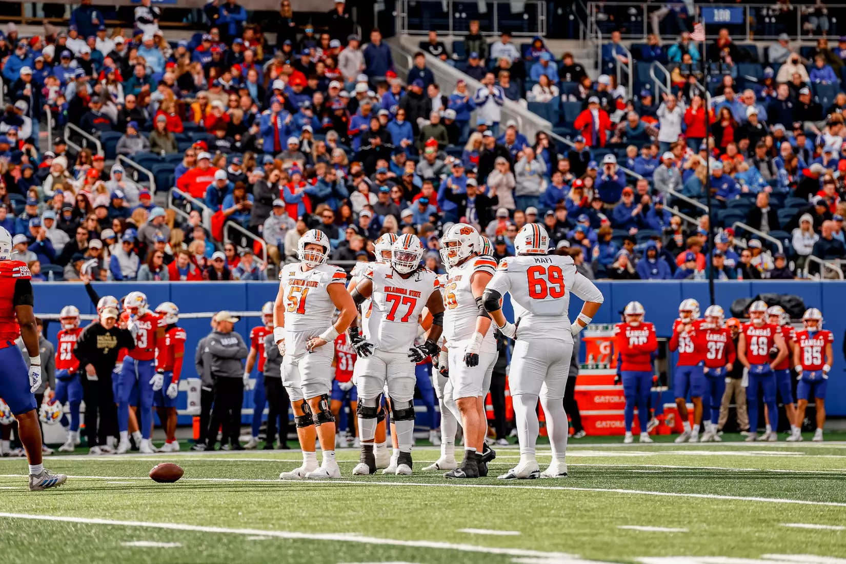 Image of Oklahoma State Cowboy Football vs Kansas Taken Saturday, November 1, 2025, David Booth Kansas Memorial Stadium, Lawrence, KS. Cole_Gueldenzoph/OSU Athletics