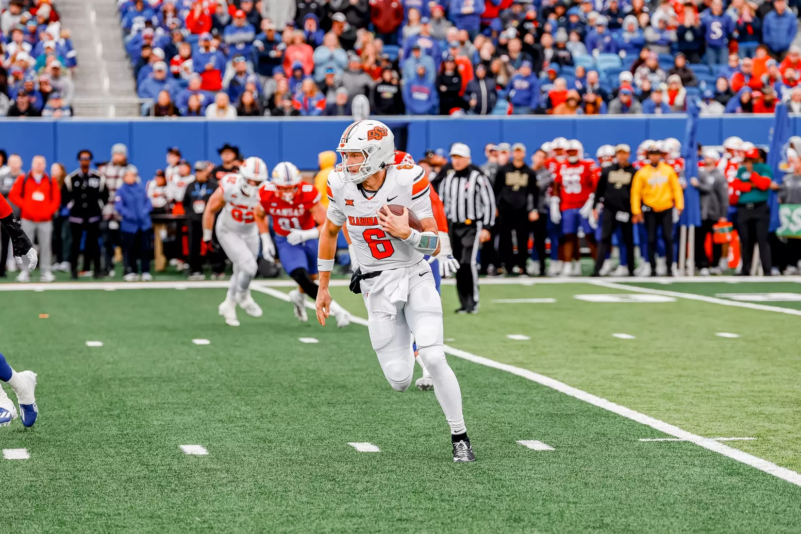 Image of Oklahoma State Cowboy Football vs Kansas Taken Saturday, November 1, 2025, David Booth Kansas Memorial Stadium, Lawrence, KS. Cole_Gueldenzoph/OSU Athletics